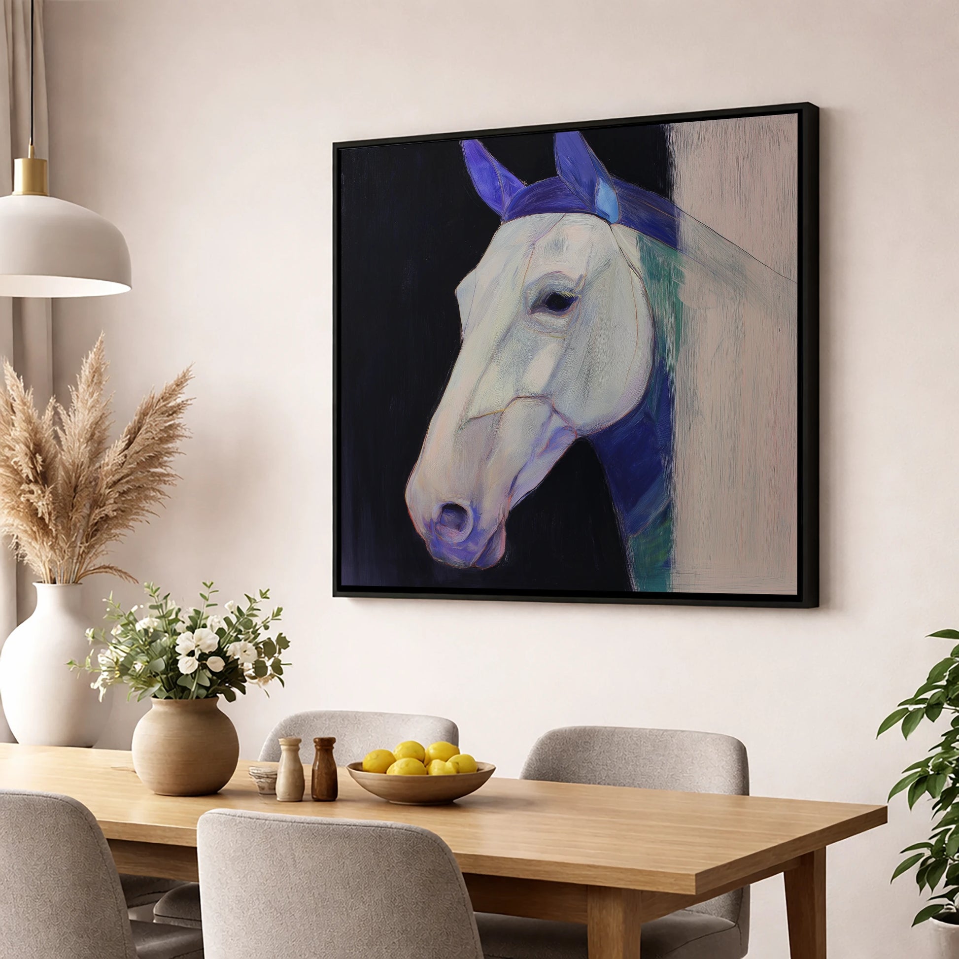 Echoes of Indigo horse portrait wall art displayed in a dining room