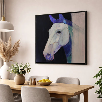Echoes of Indigo horse portrait wall art displayed in a dining room