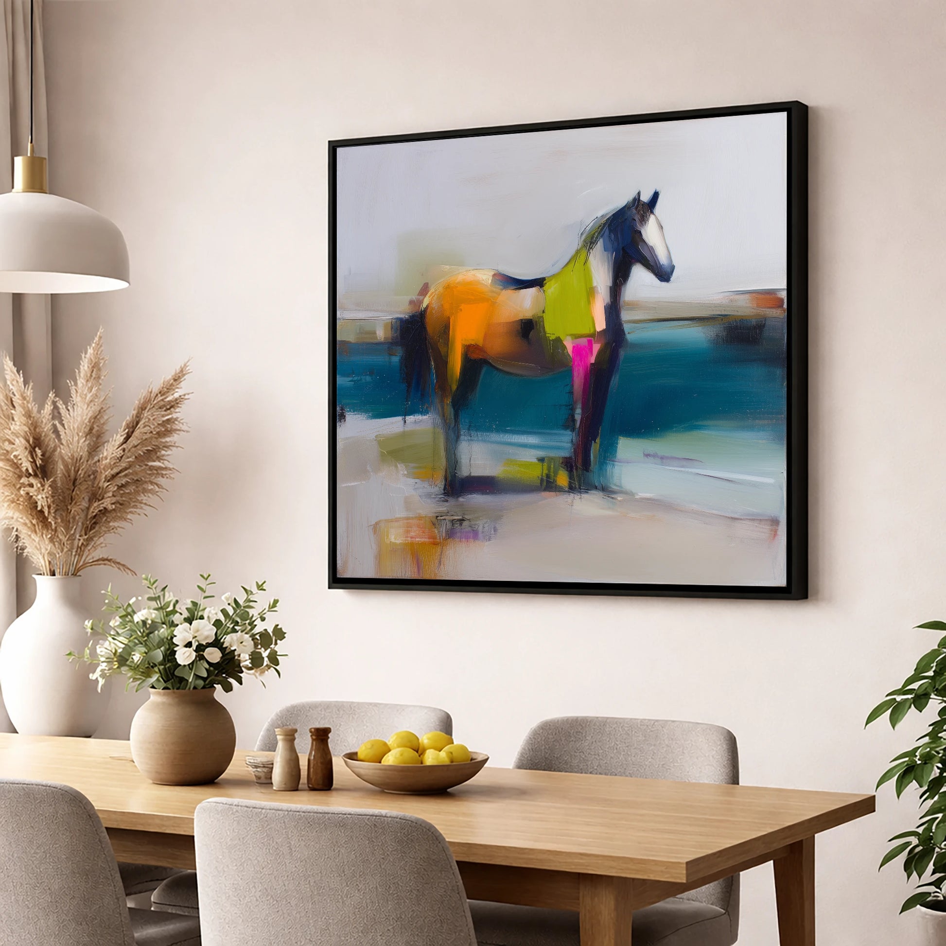 Vivid Horizon horse landscape wall art displayed in a dining room