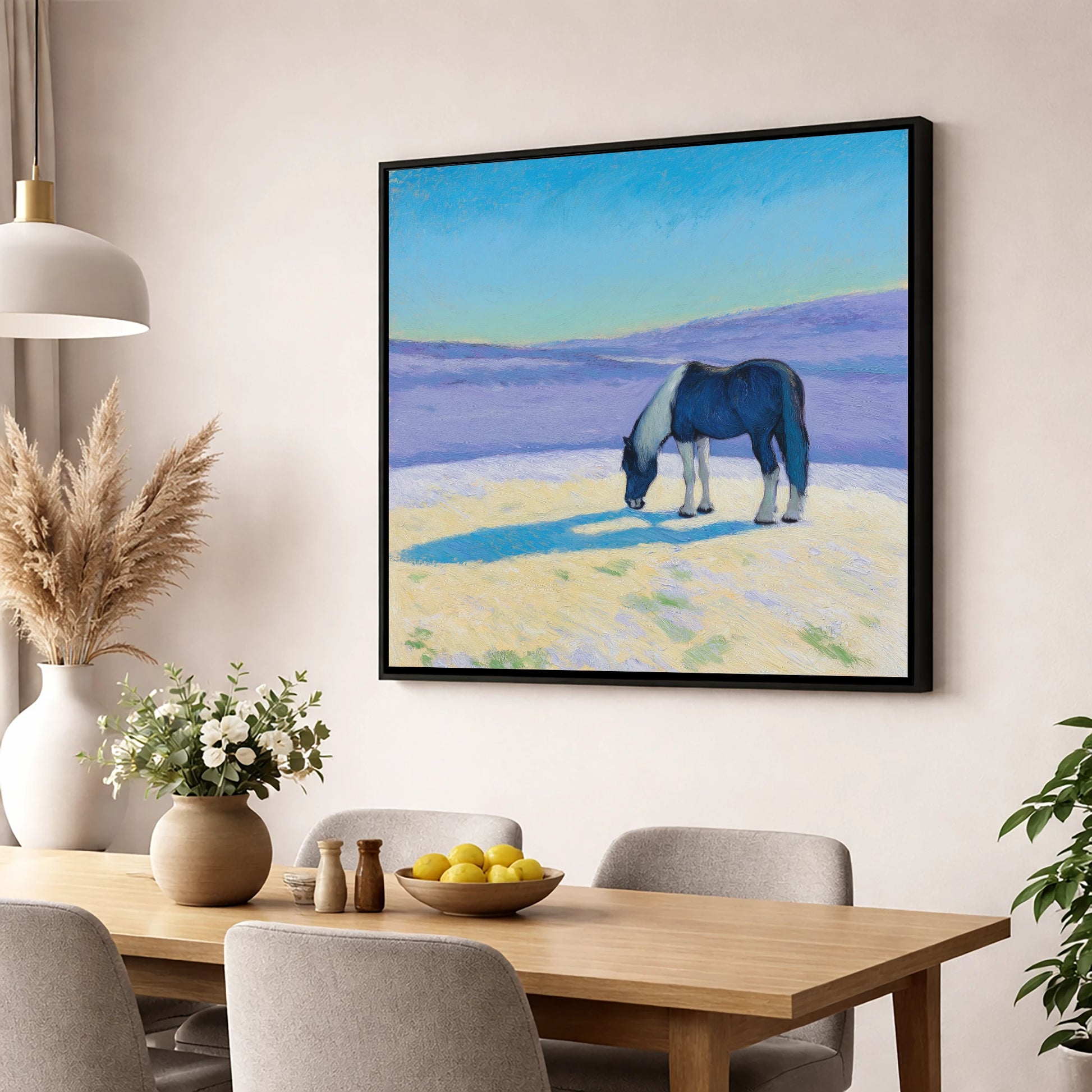 Indigo Shadow Grazing working horse wall art displayed in a dining room