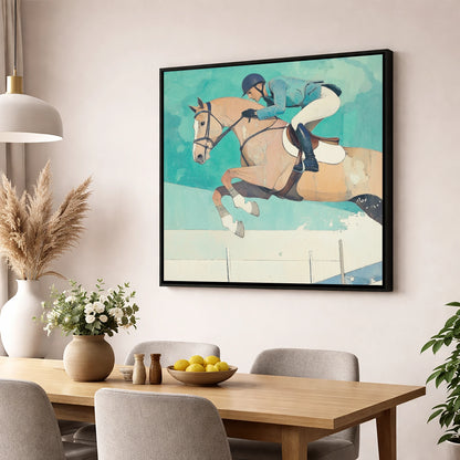 Aquamarine Flight show jumping horse wall art displayed in a dining room