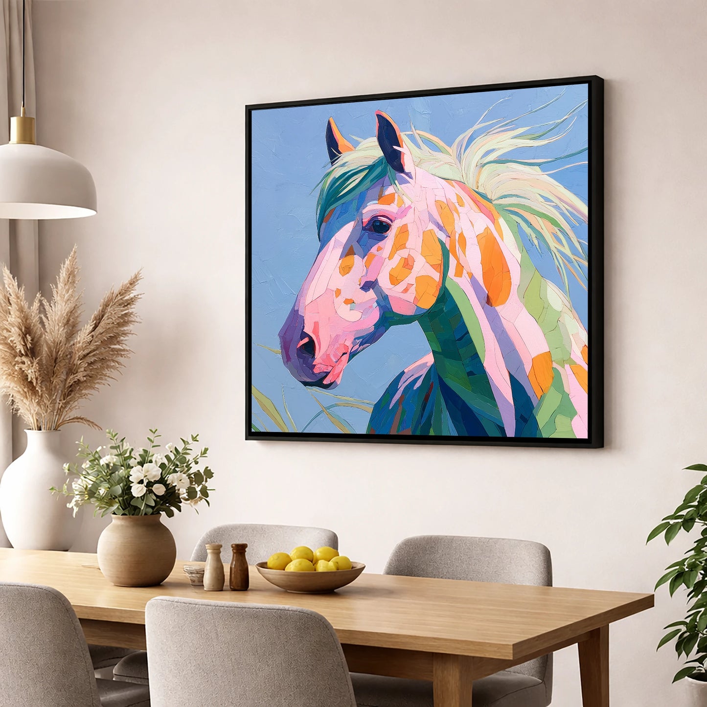 Technicolour Spirit horse breed wall art displayed in a dining room