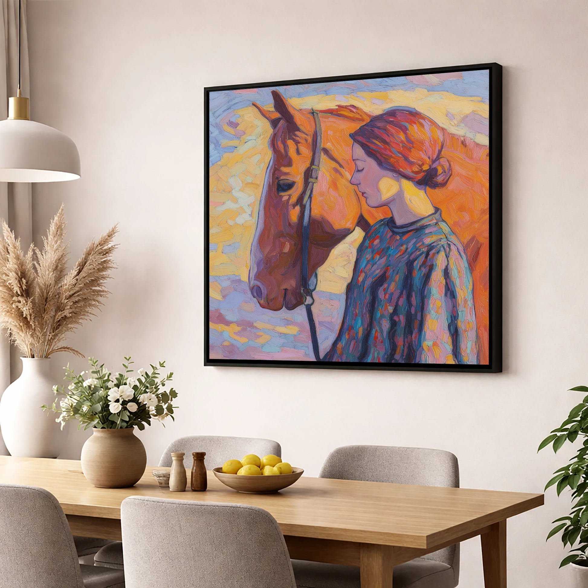 Radiant Connection horse & rider wall art displayed in a dining room