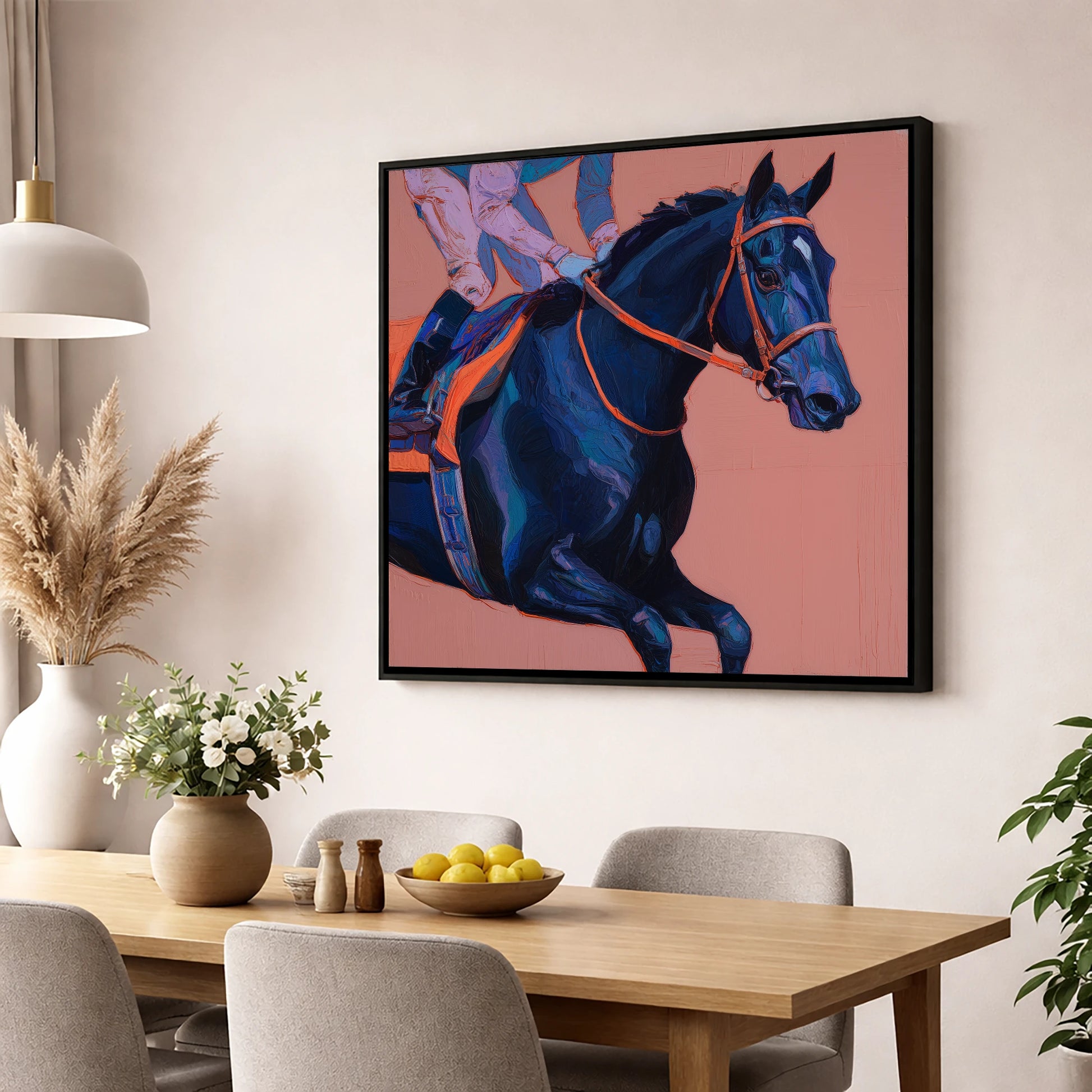 Indigo Rush racing horse wall art displayed in a dining room