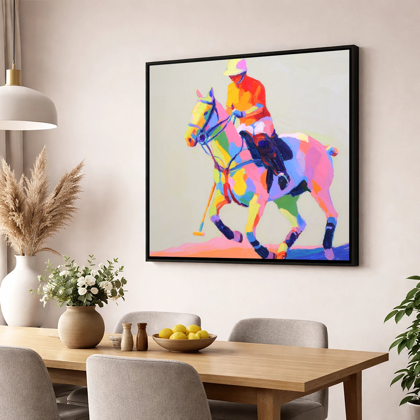 Vibrant Polo Pace polo horse wall art displayed in a dining room