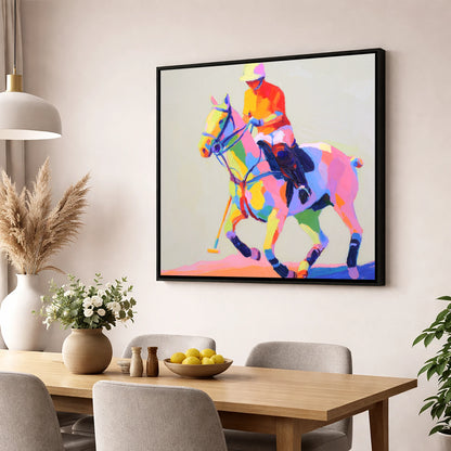 Vibrant Polo Pace polo horse wall art displayed in a dining room