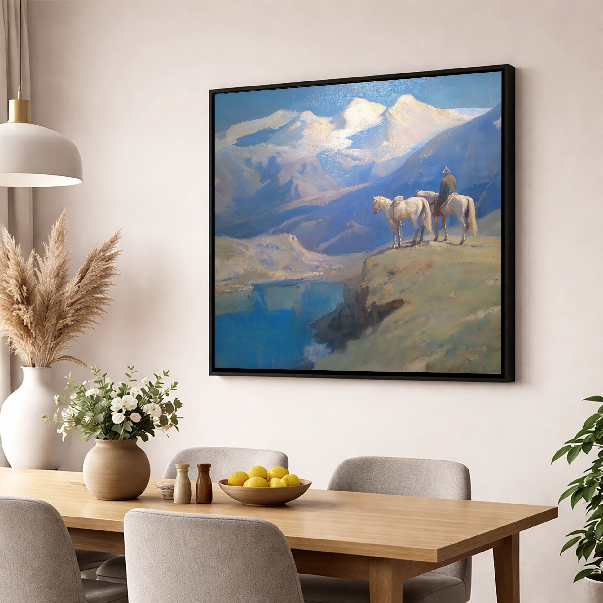 Alpine Vantage Point horse landscape wall art displayed in a dining room