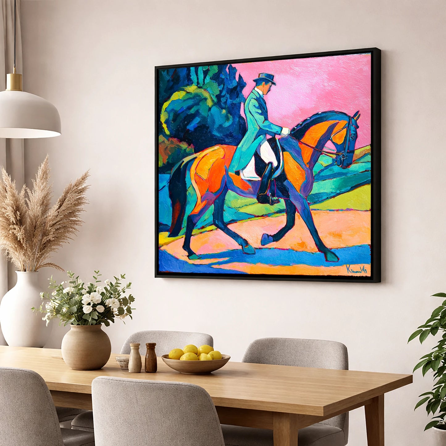 Bold Dressage Harmony dressage horse wall art displayed in a dining room