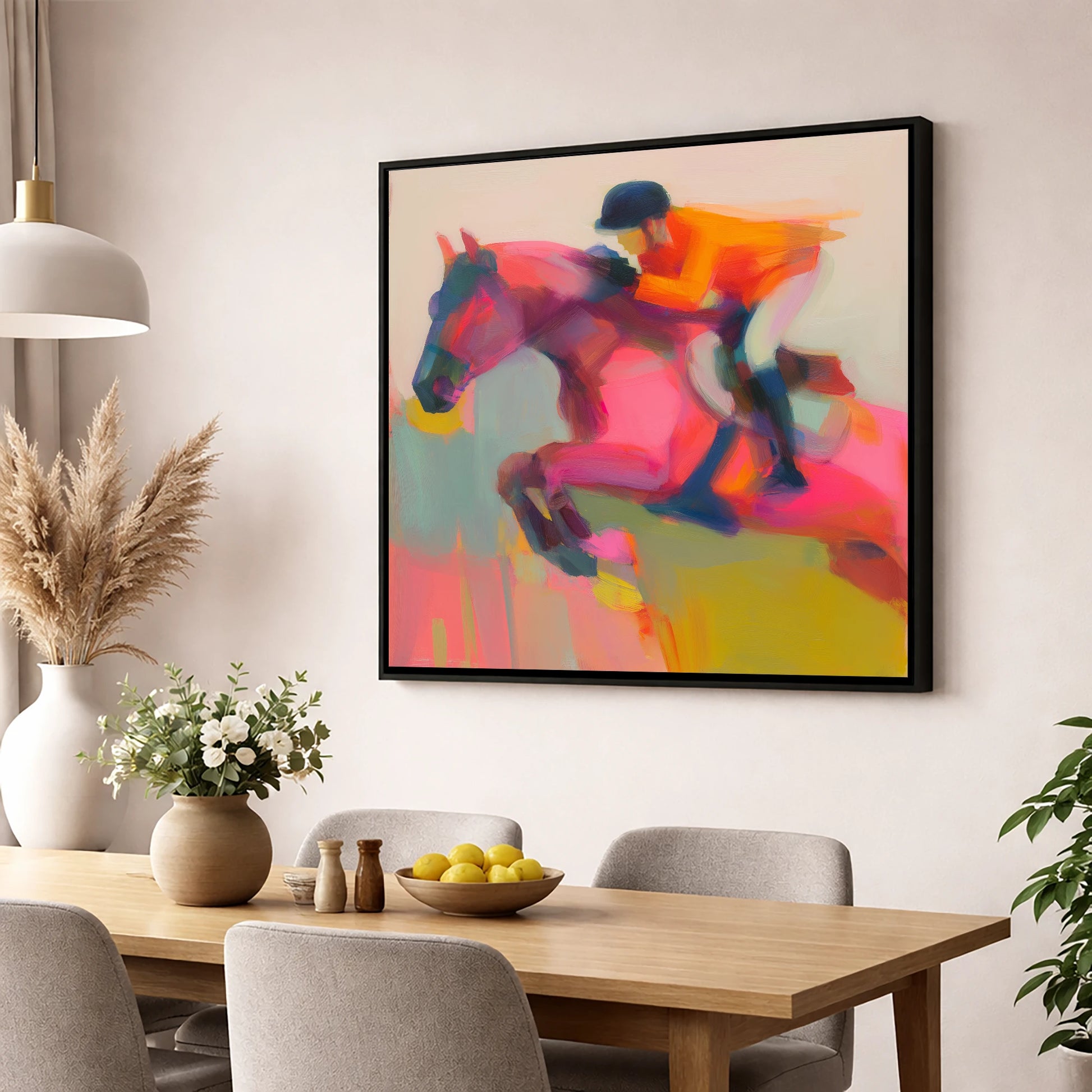 Vivid Ascent show jumping horse wall art displayed in a dining room