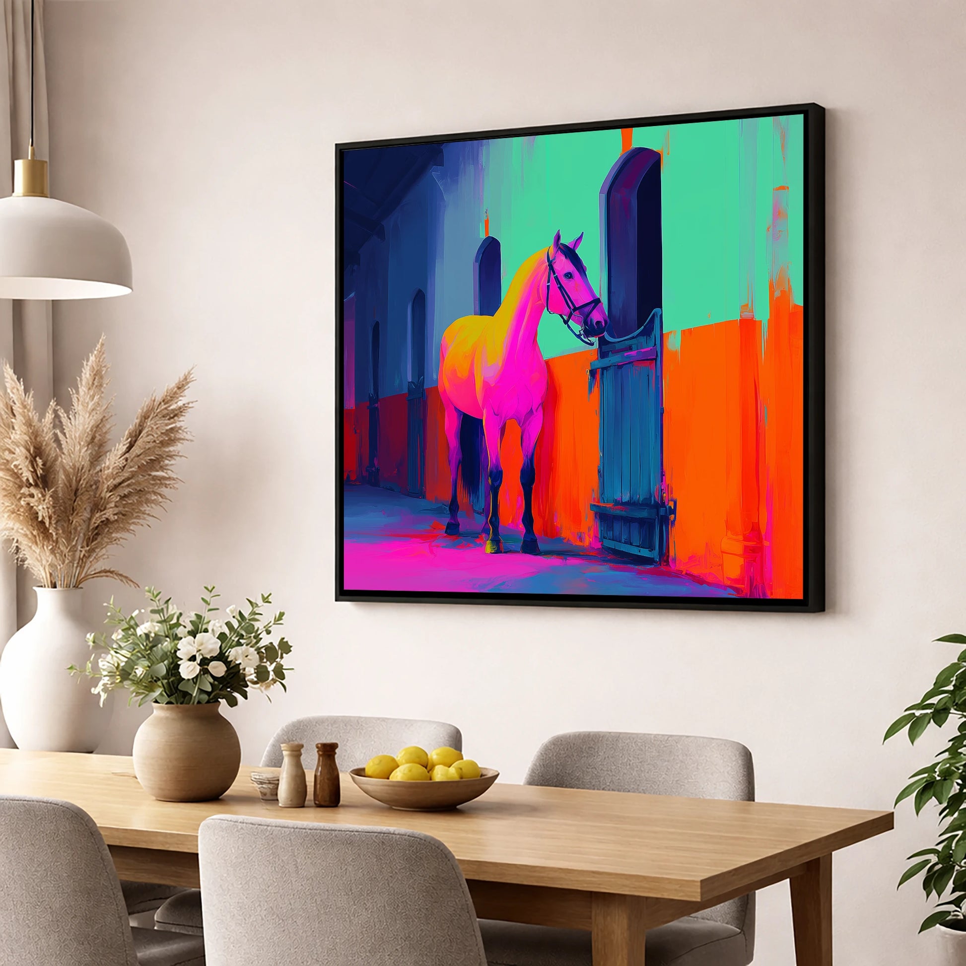 Neon Stable Companion horse stable wall art displayed in a dining room