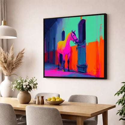 Neon Stable Companion horse stable wall art displayed in a dining room
