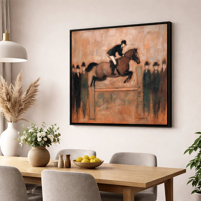 Flight Over Timber show jumping horse wall art displayed in a dining room