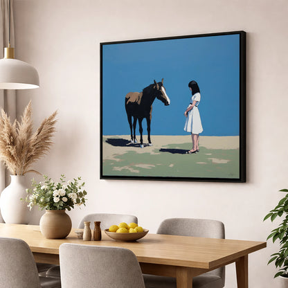 The Stillness Between Us horse & rider wall art displayed in a dining room