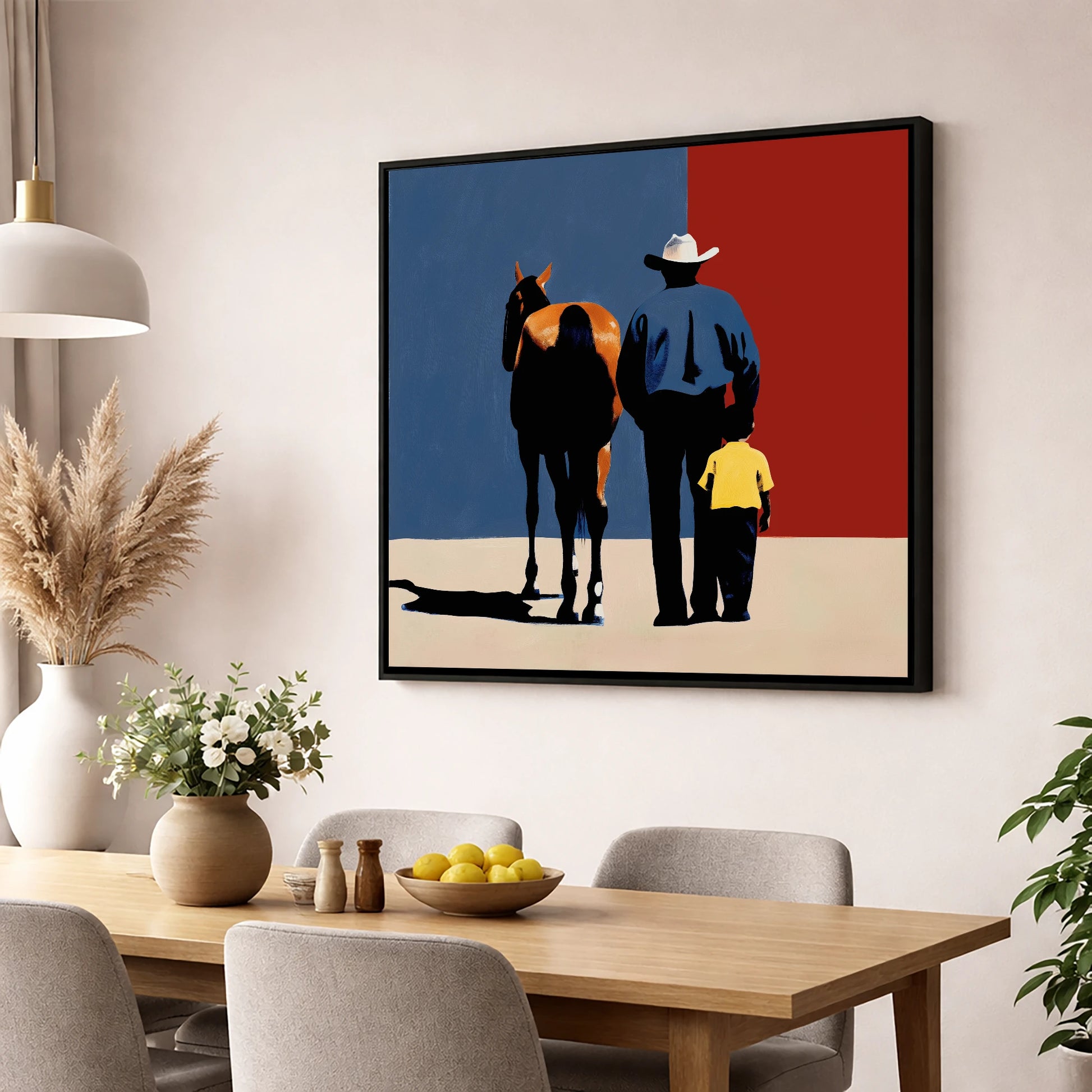 The Western Legacy horse & rider wall art displayed in a dining room