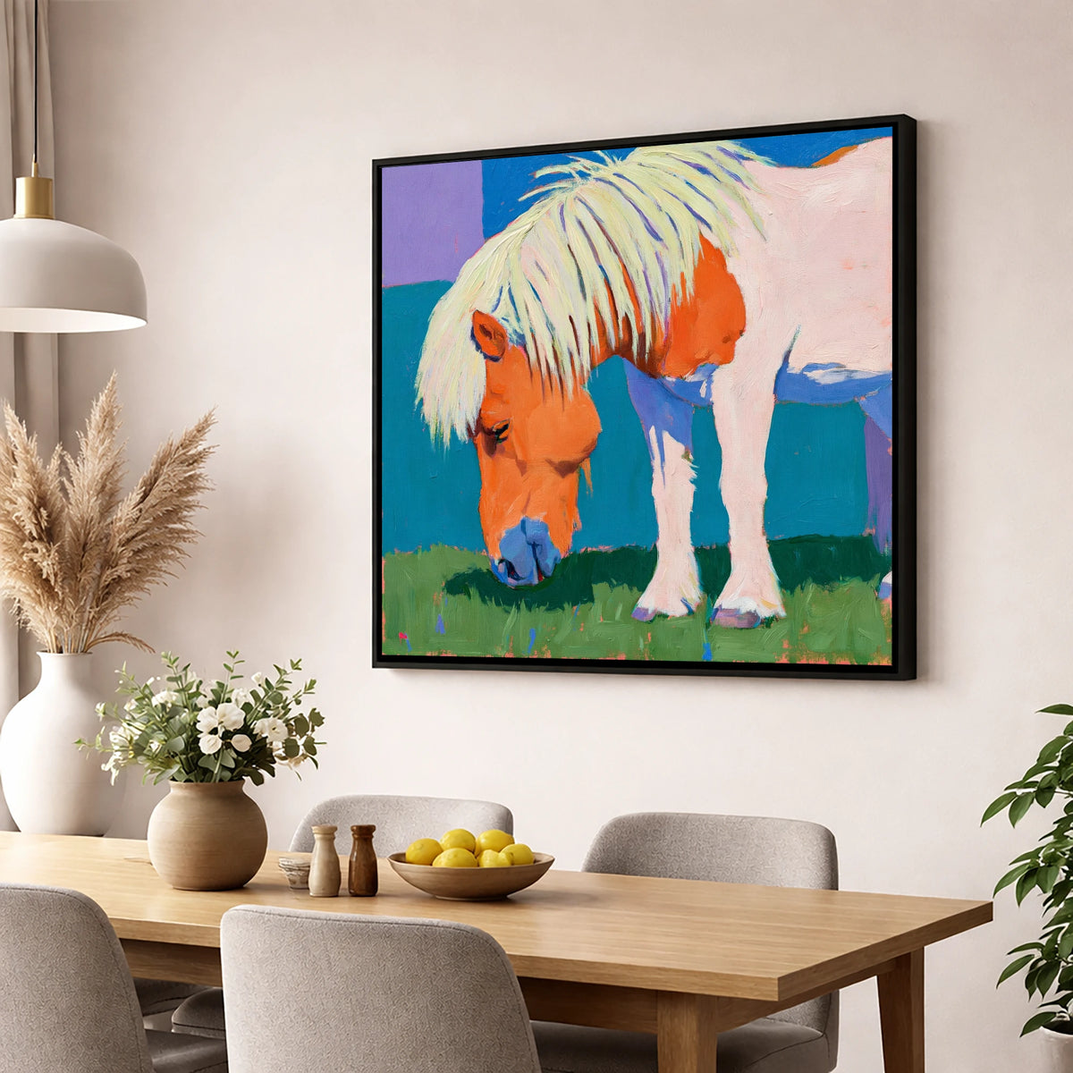 Vibrant Grazing Shetland Pony horse breed wall art displayed in a dining room