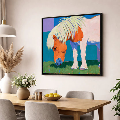 Vibrant Grazing Shetland Pony horse breed wall art displayed in a dining room