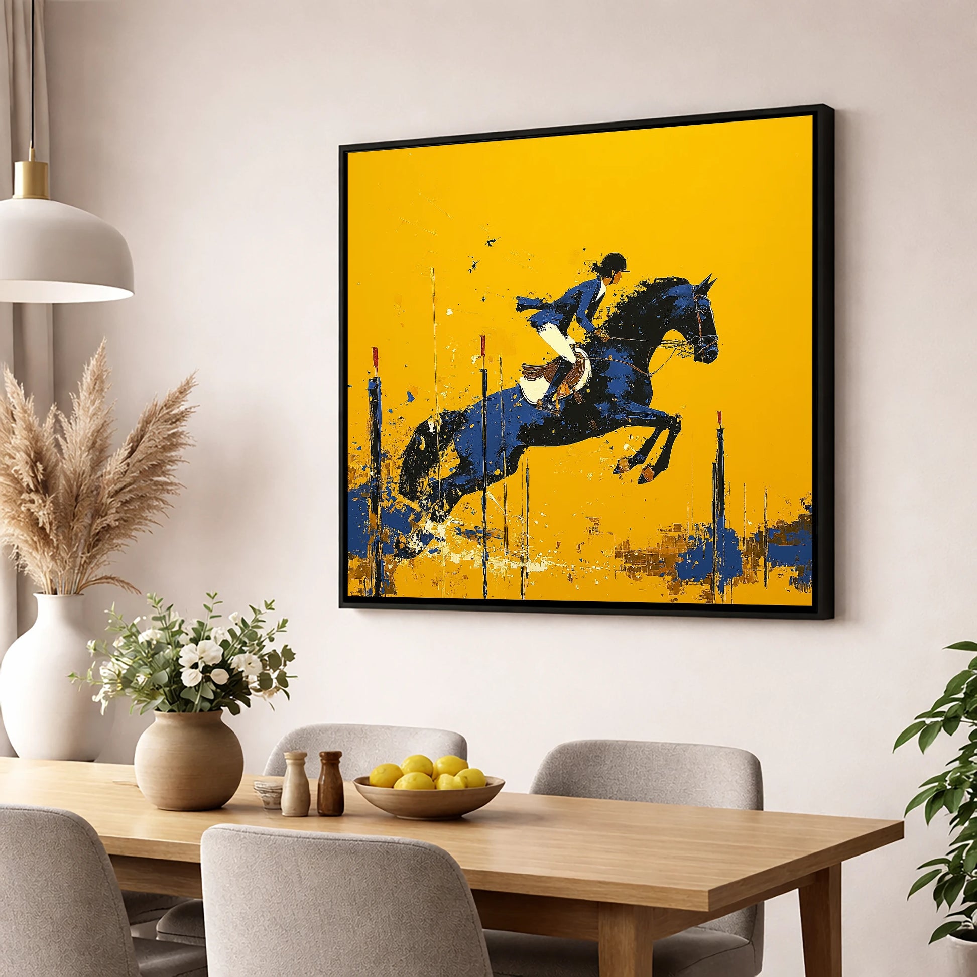 Airborne in Ochre show jumping horse wall art displayed in a dining room