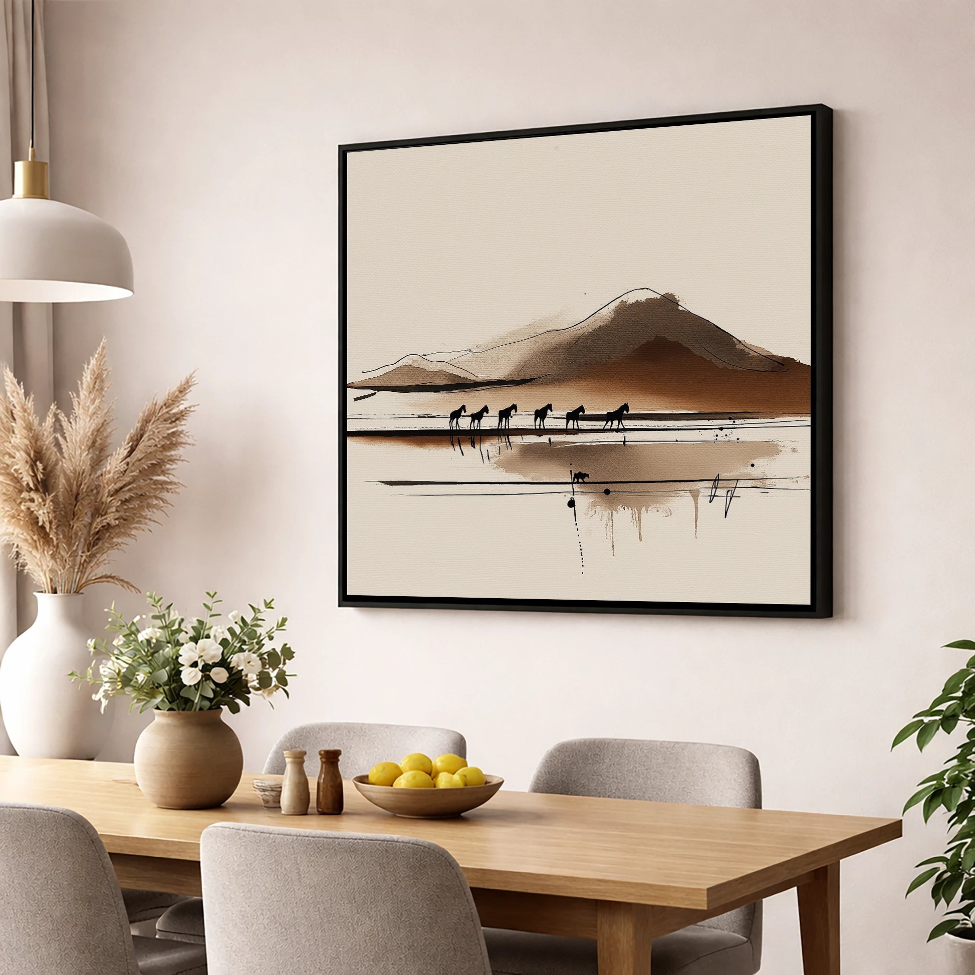 Journey Beneath the Peak horse landscape wall art displayed in a dining room