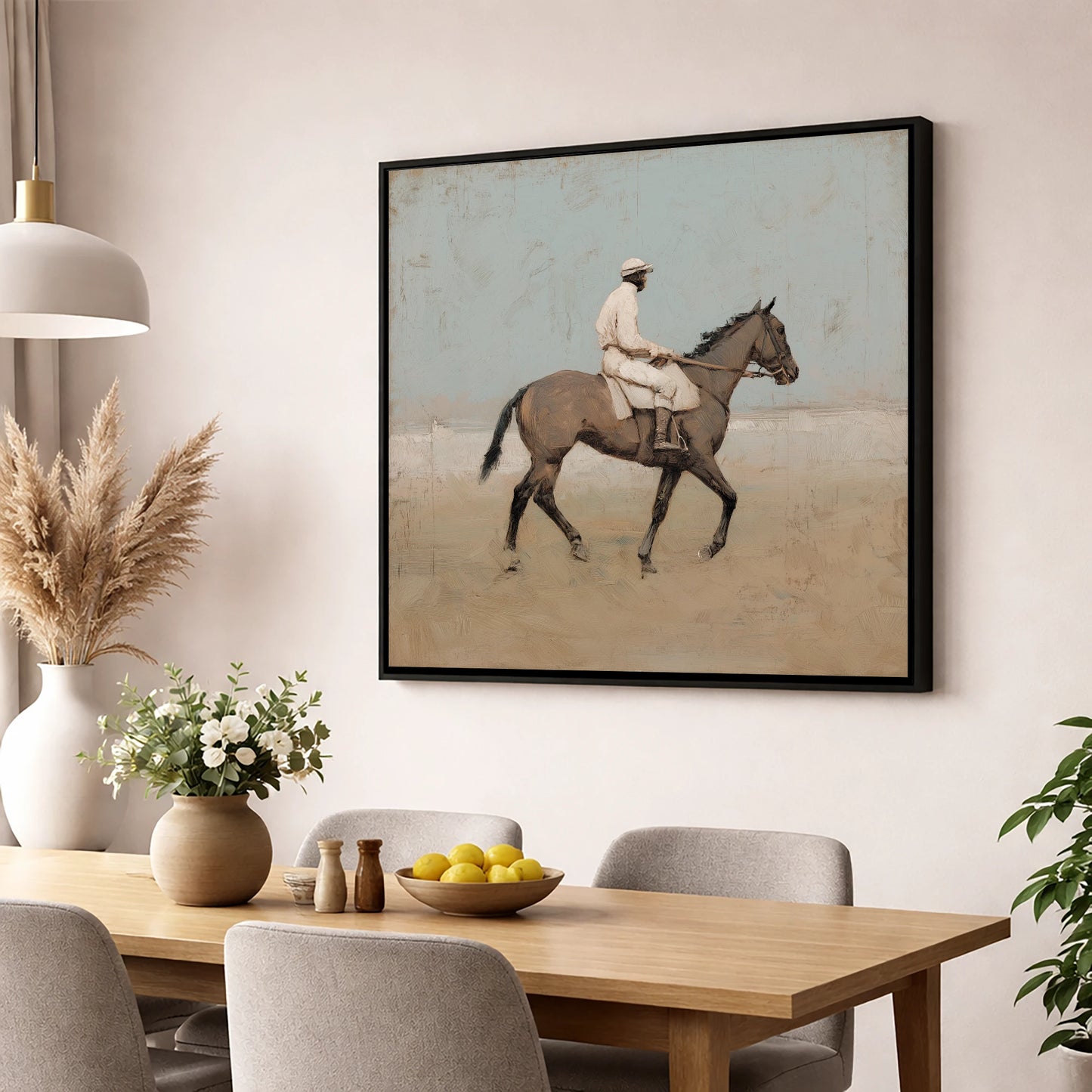 The White Silks racing horse wall art displayed in a dining room