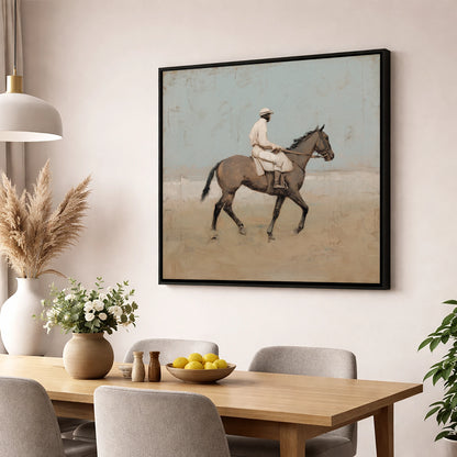 The White Silks racing horse wall art displayed in a dining room