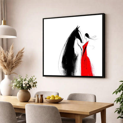 Crimson Connection horse & rider wall art displayed in a dining room