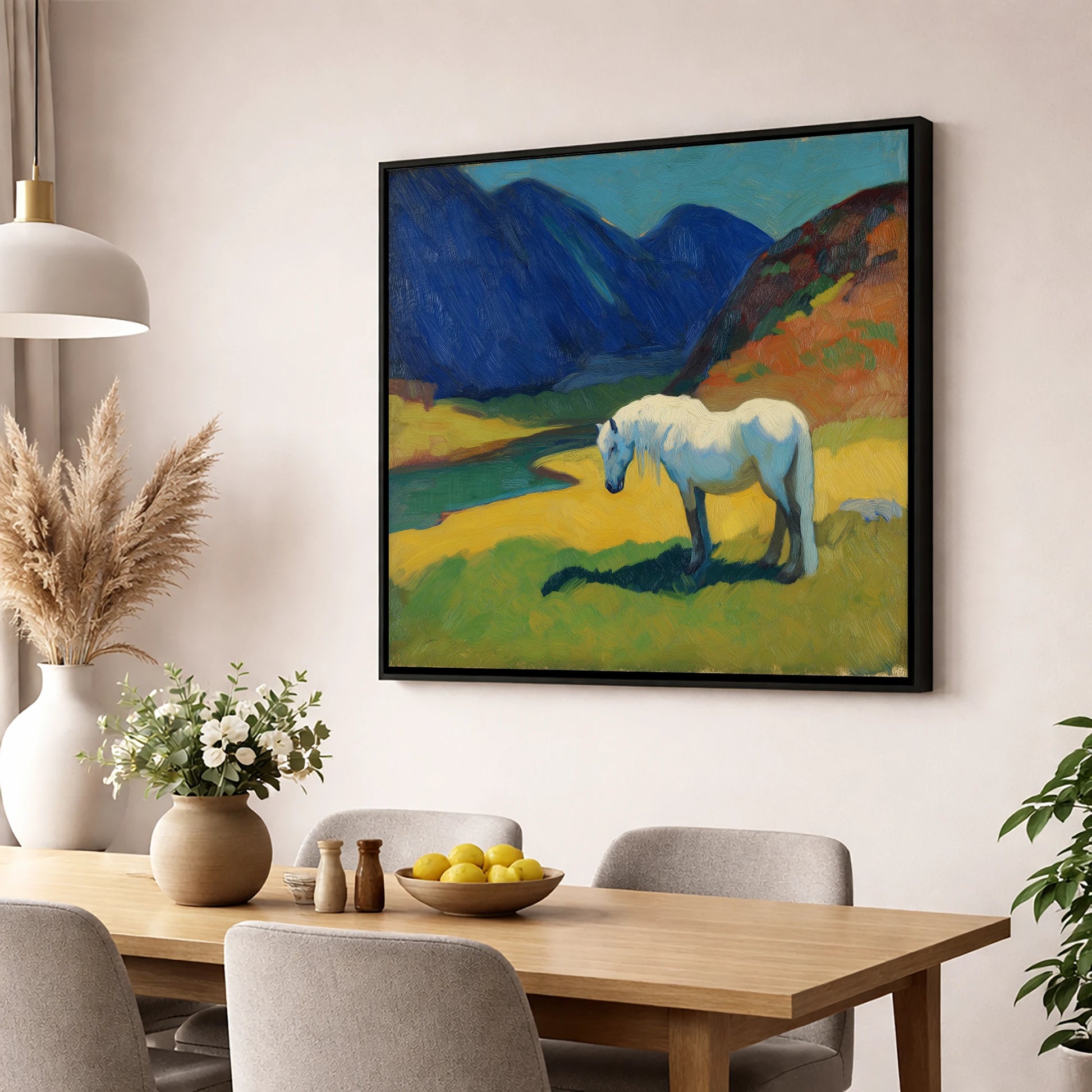 Vibrant Valley Grey horse landscape wall art displayed in a dining room
