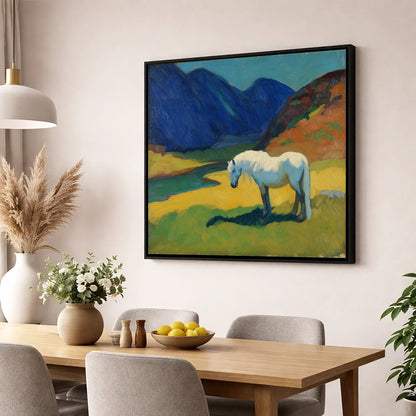 Vibrant Valley Grey horse landscape wall art displayed in a dining room