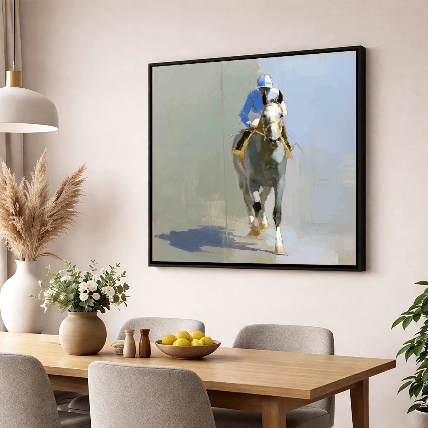 The Grey Challenger racing horse wall art displayed in a dining room