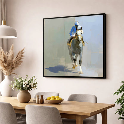 The Grey Challenger racing horse wall art displayed in a dining room