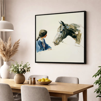 A Shared Silence horse & rider wall art displayed in a dining room