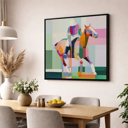 Geometric Polo Strike polo horse wall art displayed in a dining room