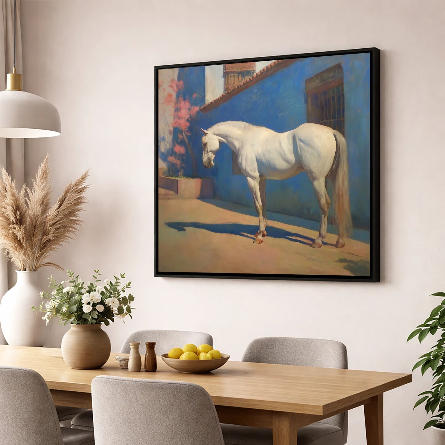 Andalusian in Azure horse breed wall art displayed in a dining room