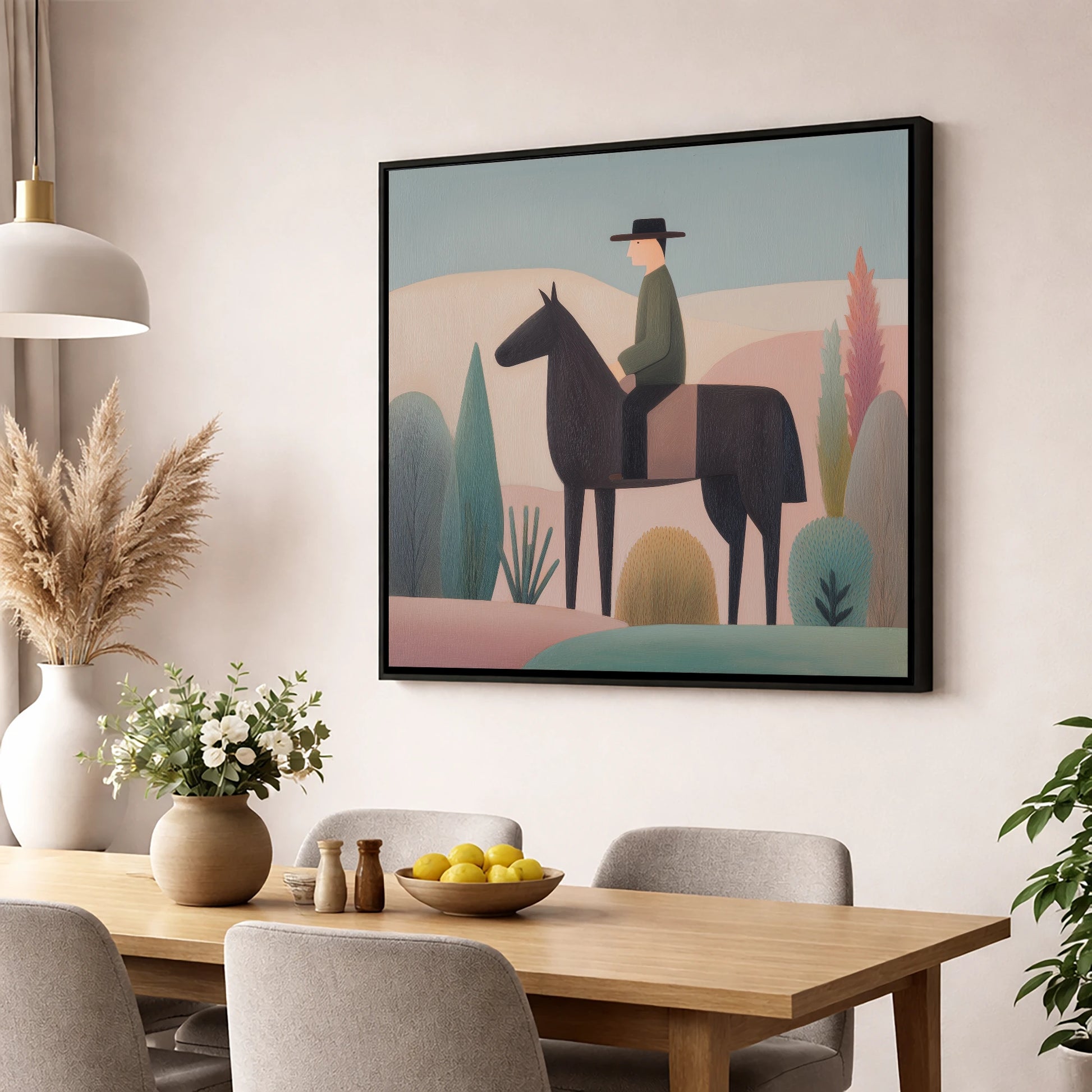 The Quiet Trail western horse wall art displayed in a dining room