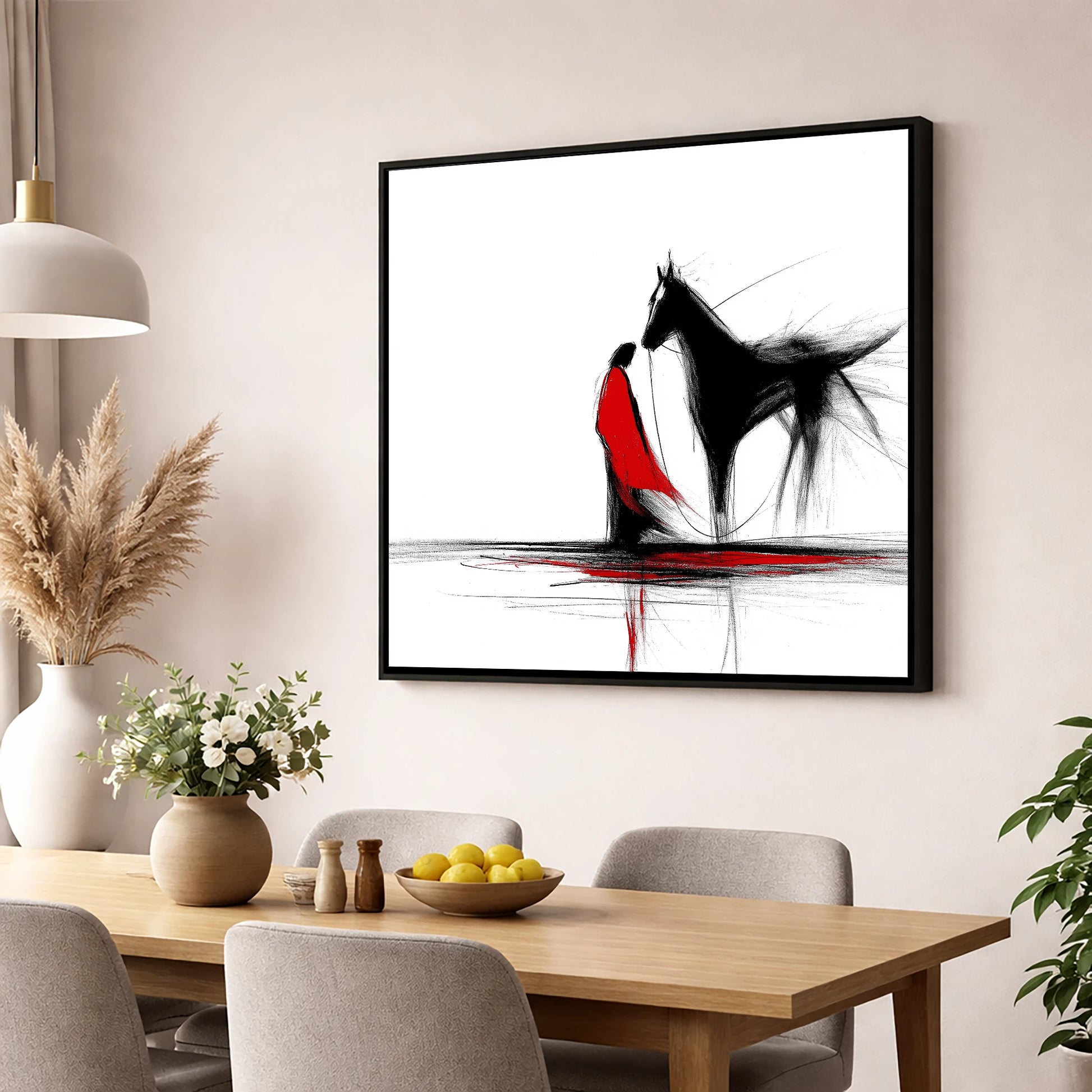 Crimson Connection horse & rider wall art displayed in a dining room