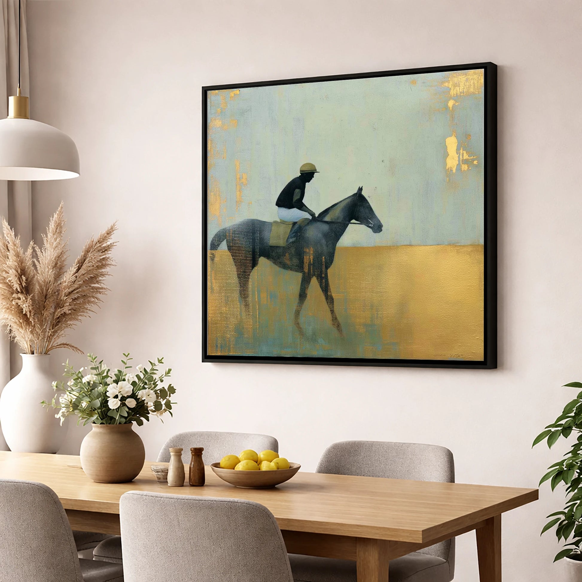 The Gilded Thoroughbred racing horse wall art displayed in a dining room