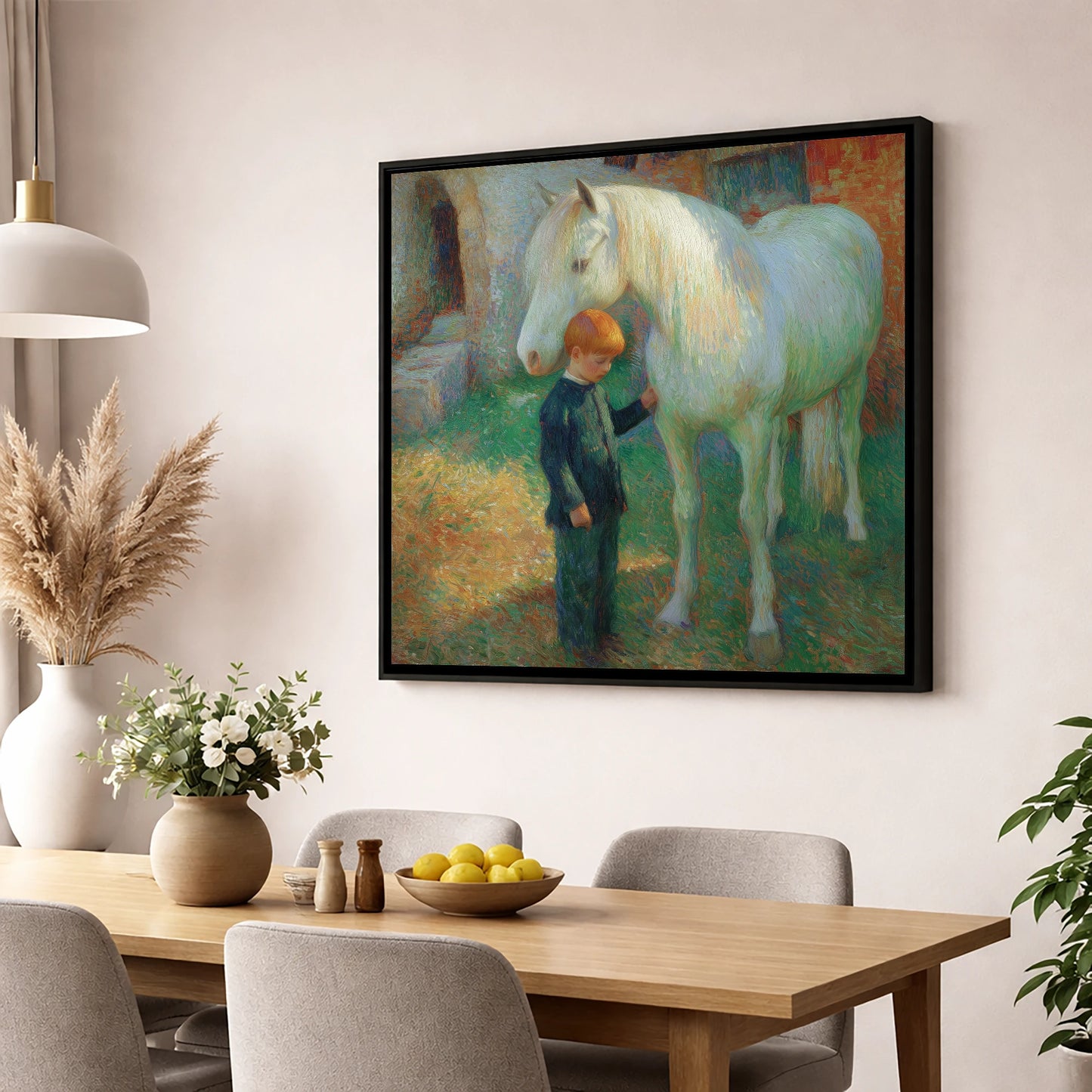 A Quiet Understanding horse & rider wall art displayed in a dining room