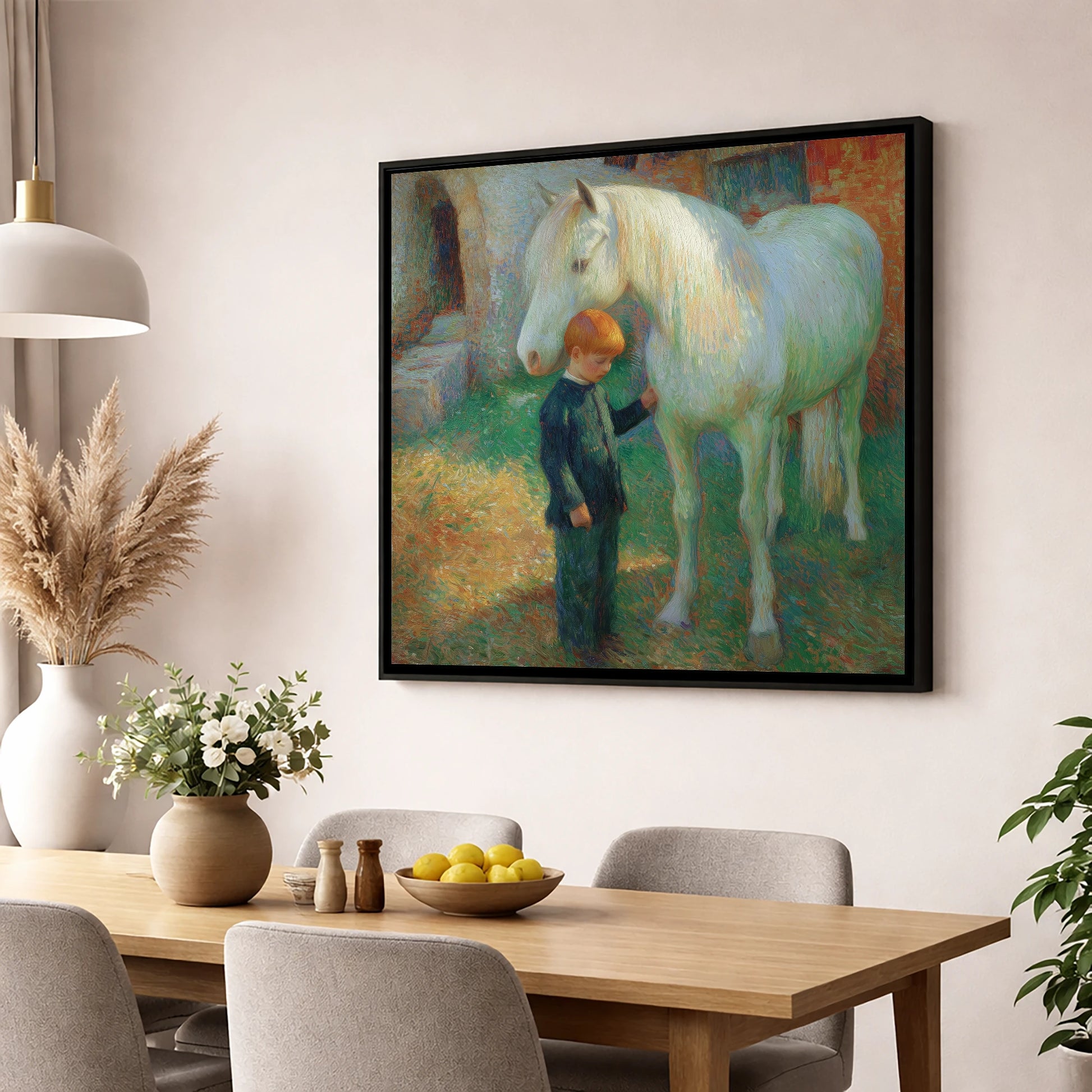 A Quiet Understanding horse & rider wall art displayed in a dining room