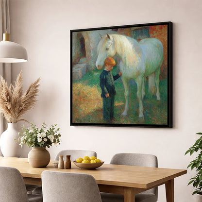 A Quiet Understanding horse & rider wall art displayed in a dining room