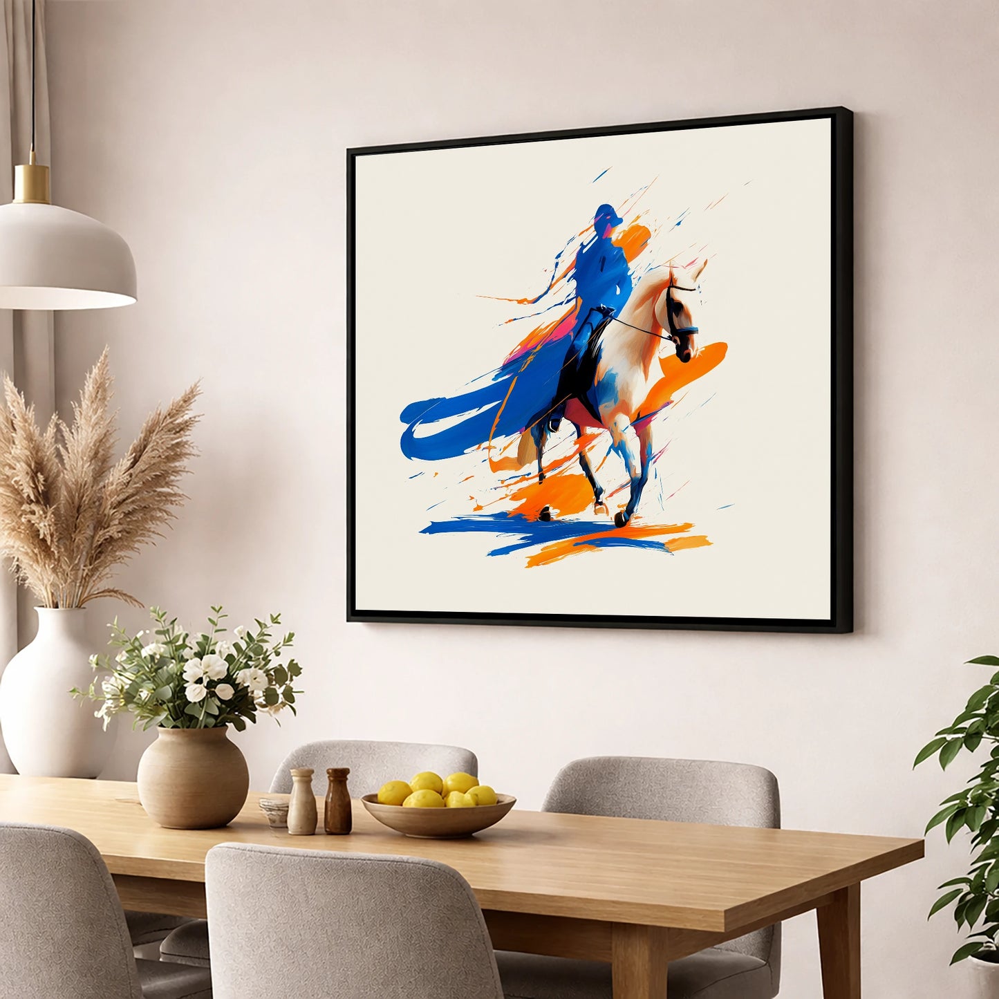 Cobalt Canter dressage horse wall art displayed in a dining room