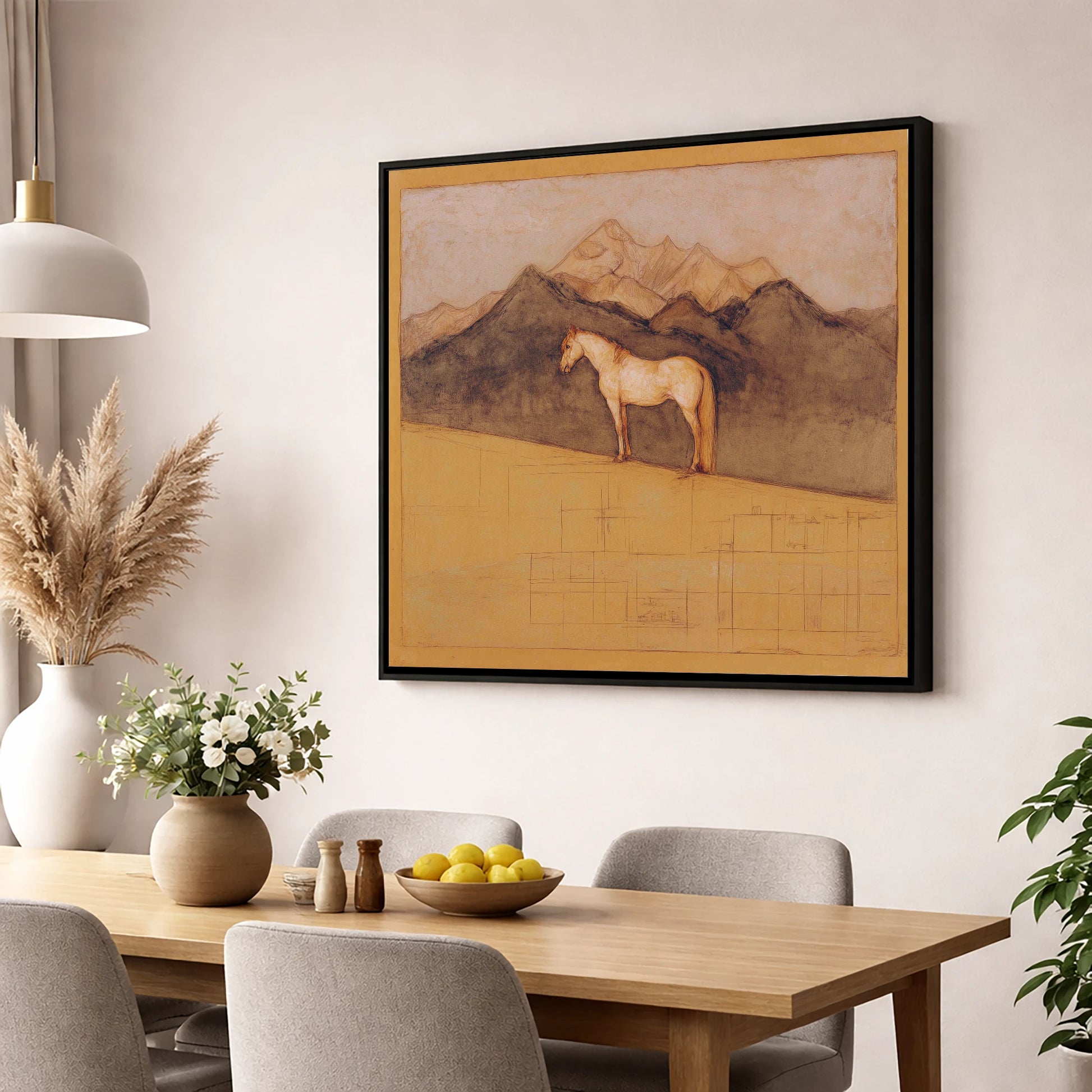 Mountain Sentinel horse landscape wall art displayed in a dining room