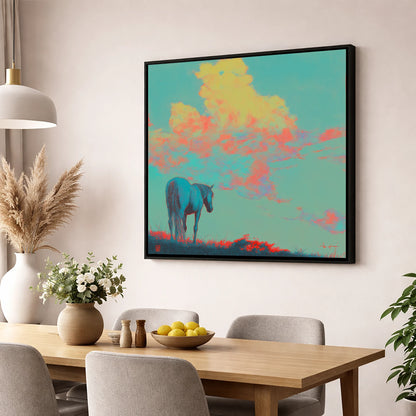Cyan Horizon horse landscape wall art displayed in a dining room
