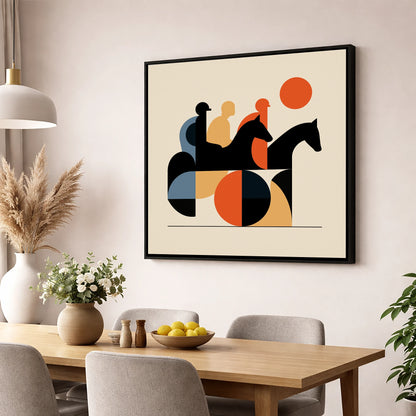 Retro Turf Pursuit racing horse wall art displayed in a dining room