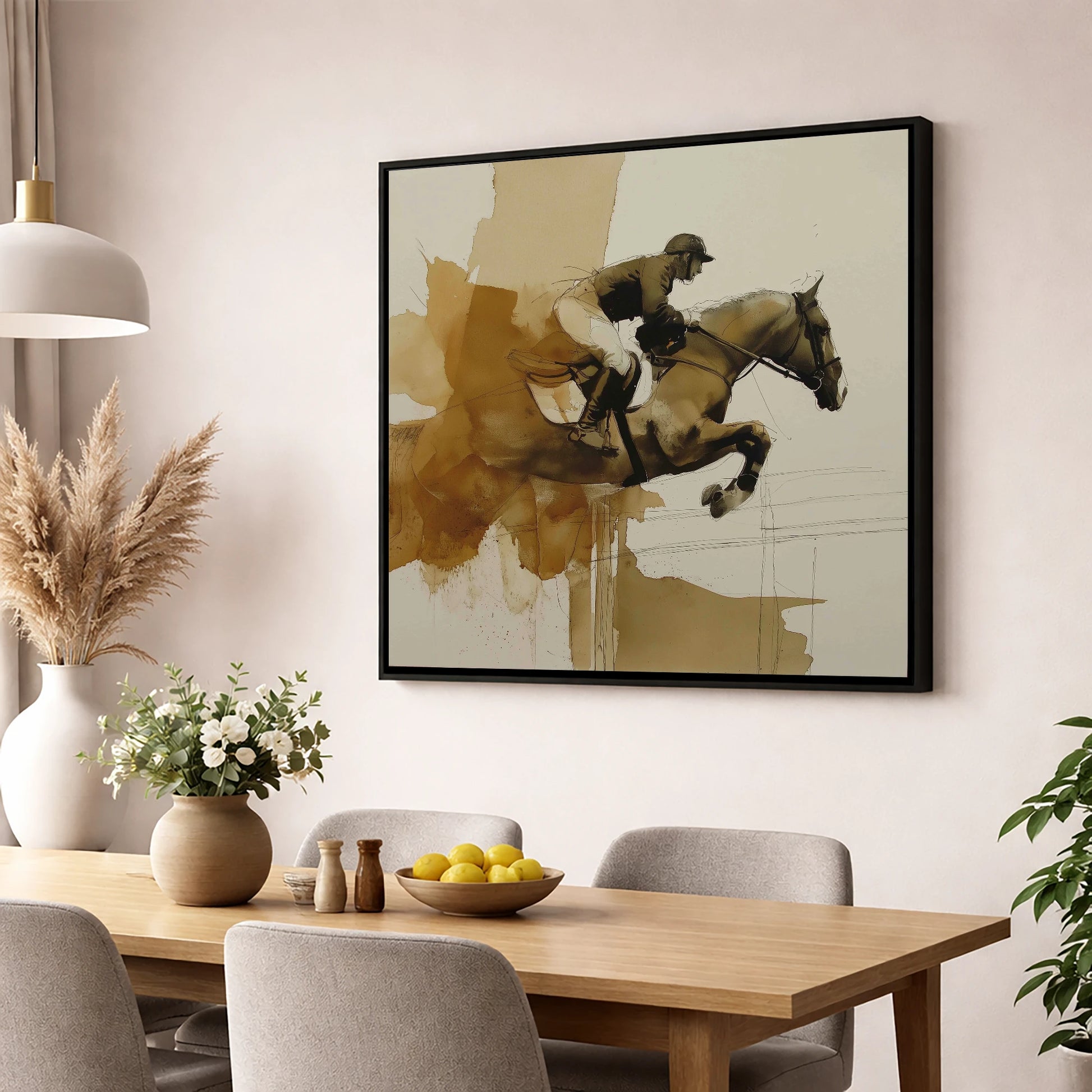 Moment of Suspension show jumping horse wall art displayed in a dining room