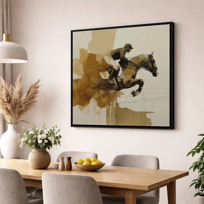 Moment of Suspension show jumping horse wall art displayed in a dining room