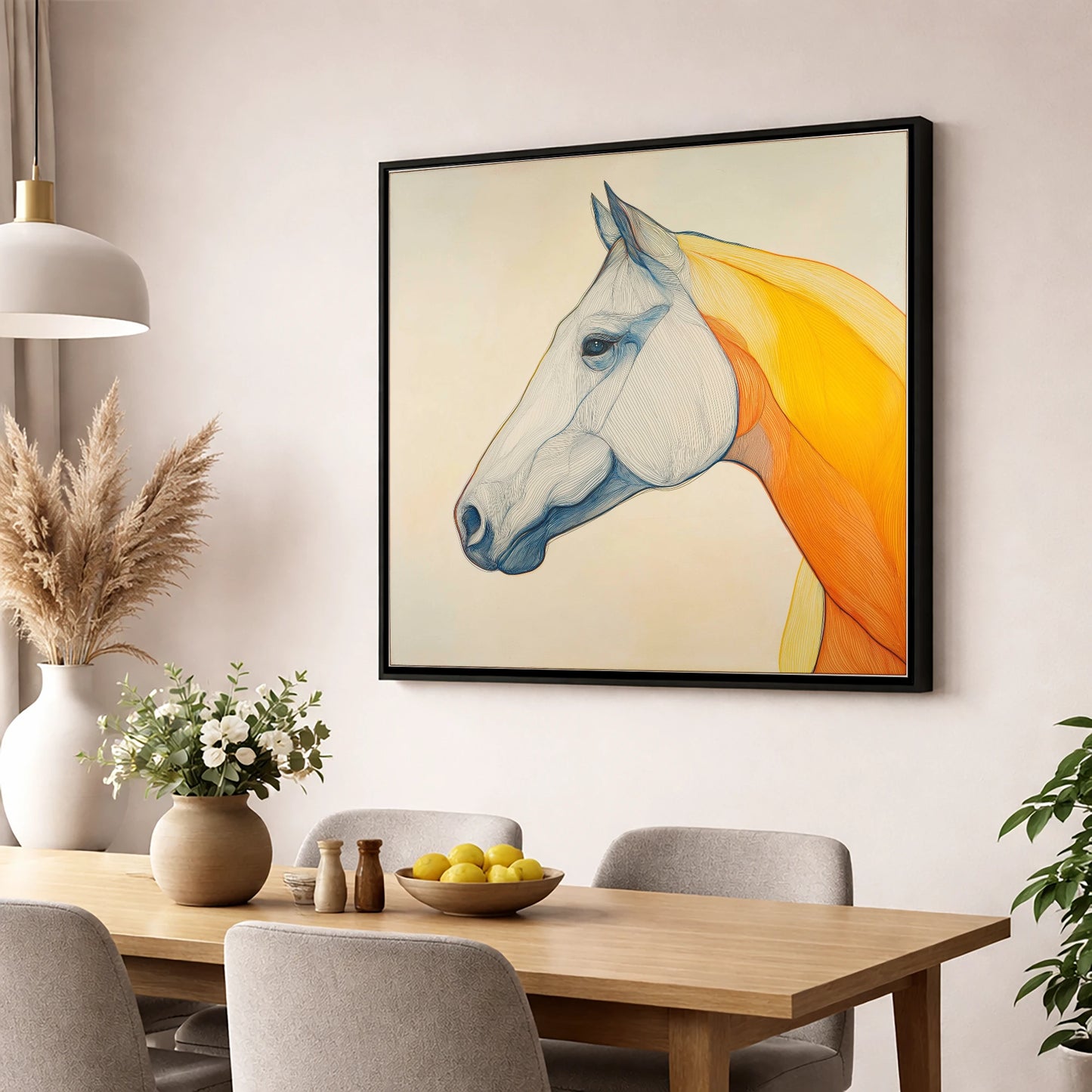 Flowing Amber Contours horse portrait wall art displayed in a dining room