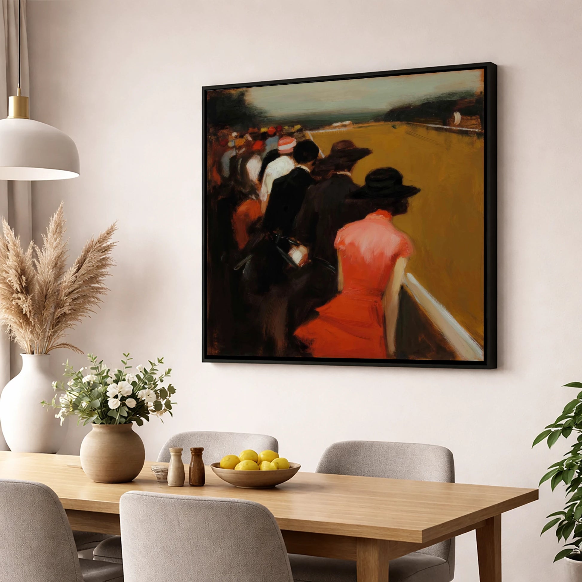 Anticipation at the Rails racing horse wall art displayed in a dining room