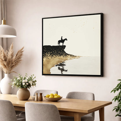Golden Shores Silhouette beach horse wall art displayed in a dining room