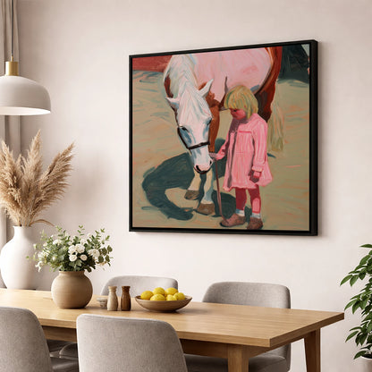 A Quiet Understanding horse & rider wall art displayed in a dining room
