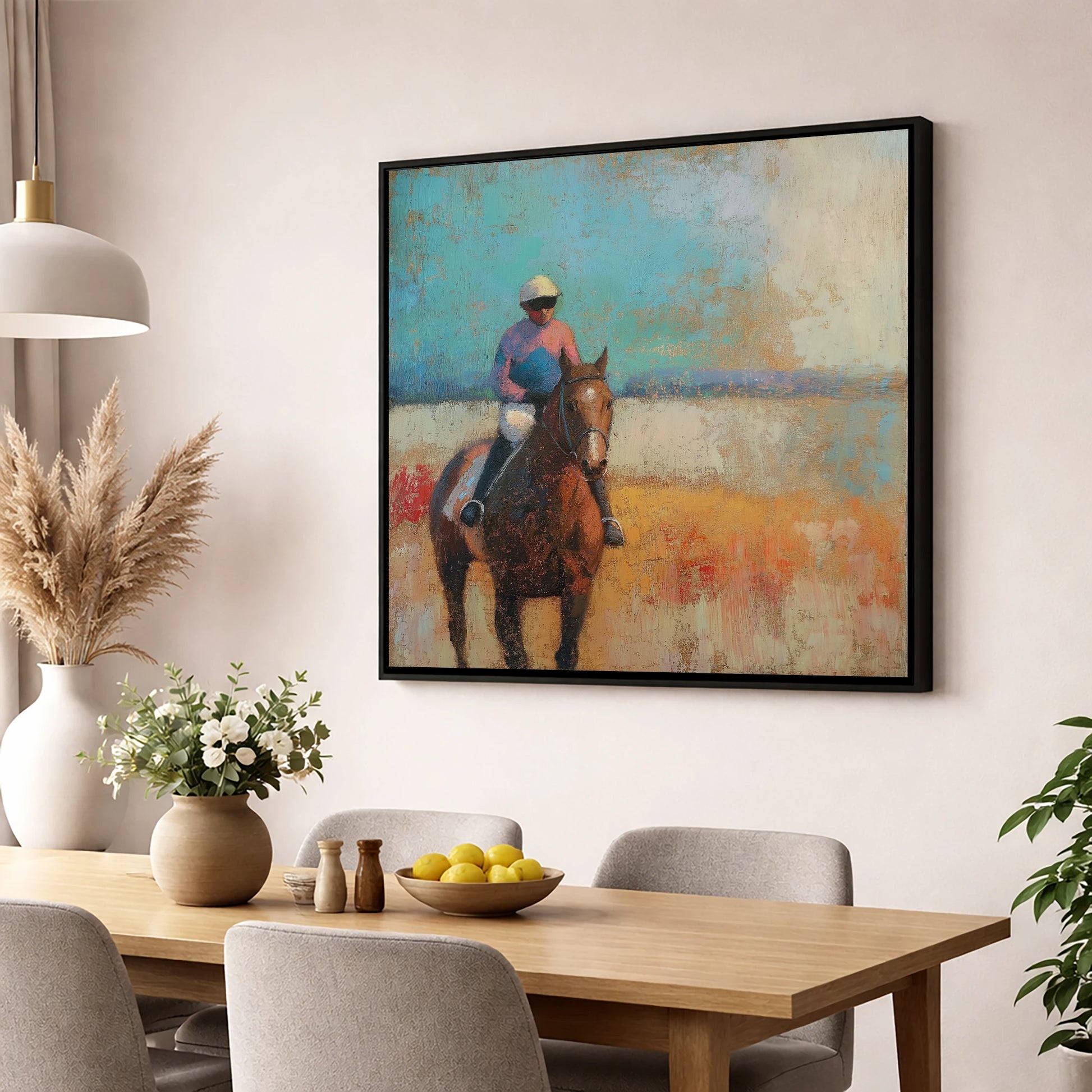 To the Start racing horse wall art displayed in a dining room