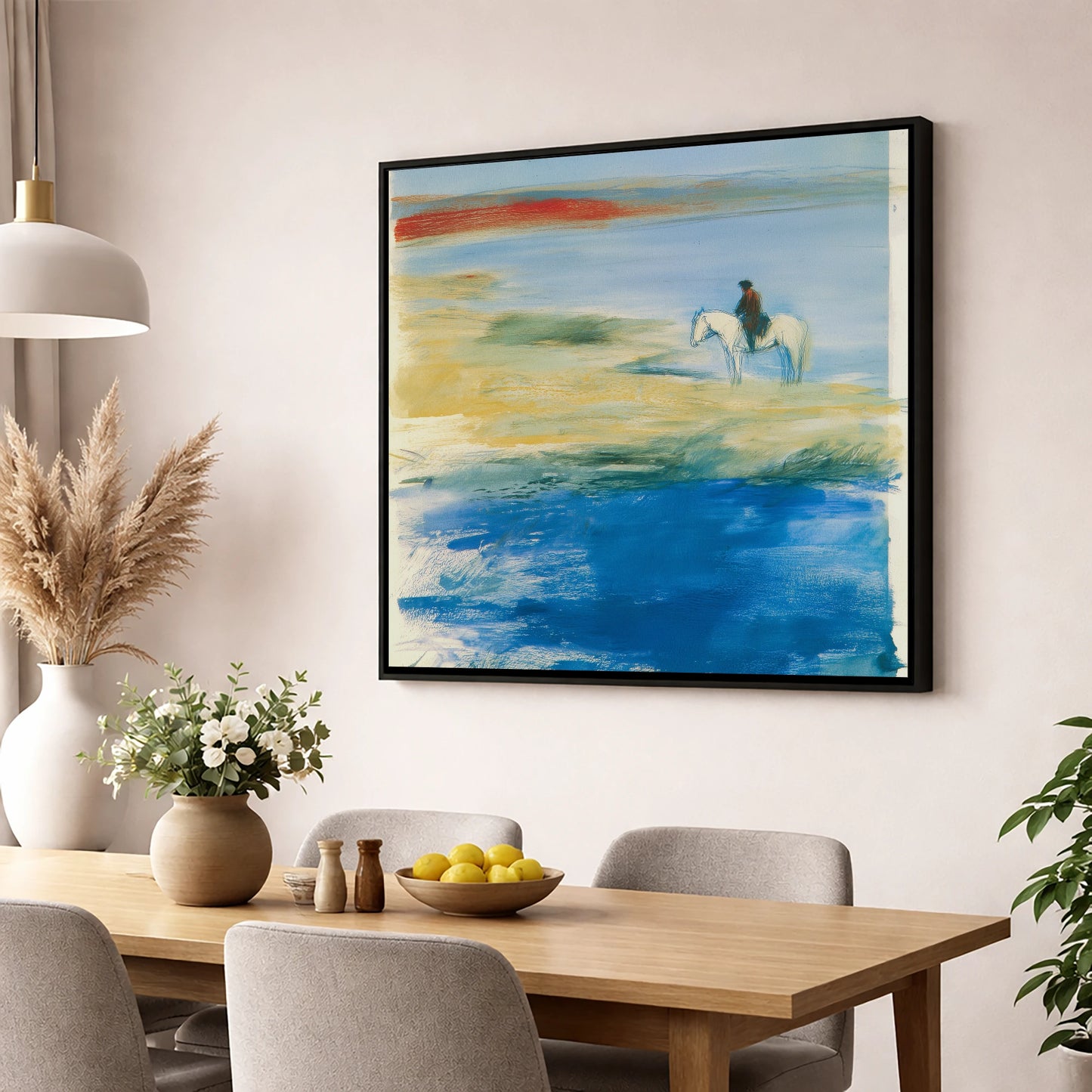 Coastal Solitude beach horse wall art displayed in a dining room